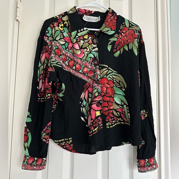 Componix Tops - Marsha Brander Componix Black Blouse Vintage Floral  Art To Wear Rayon Size 8